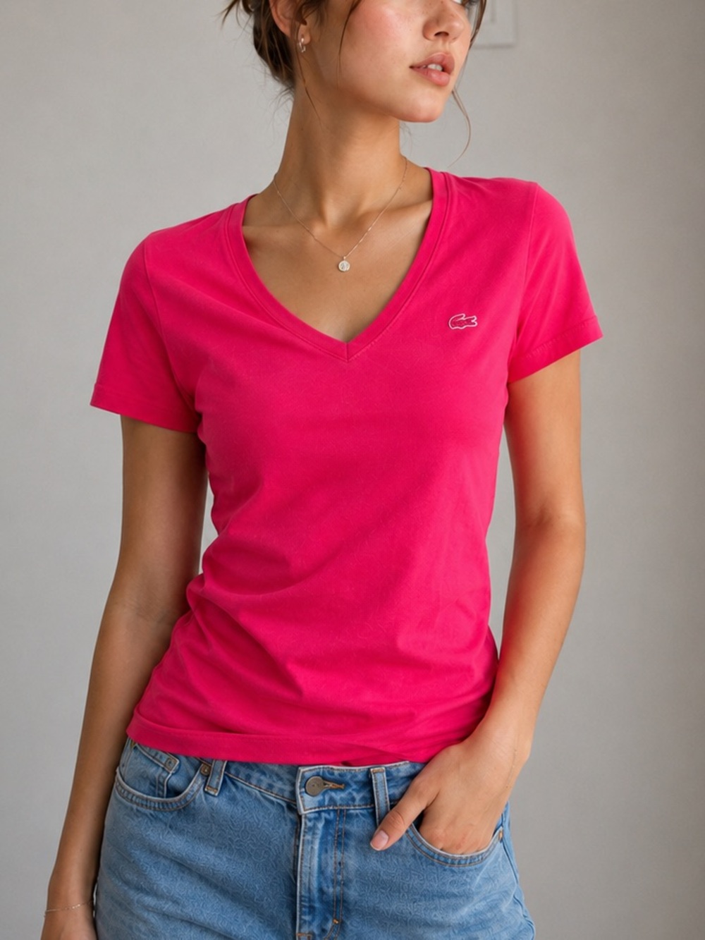 Lacoste Short Sleeve V-Neck Tee in Fuchsia